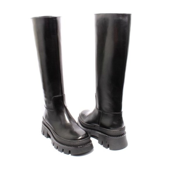 Italian Black Leather Zip-Up Knee High Platform Boots - Picture 2 of 8